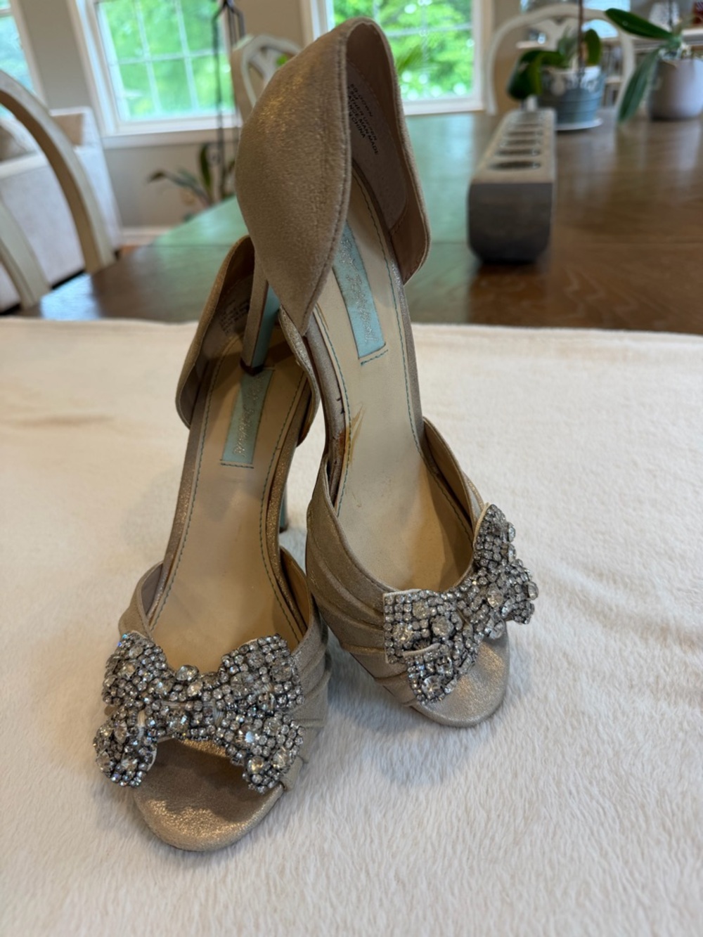 Betsey Johnson Metallic Taupe Peep-Toe Heels with Crystal Bow